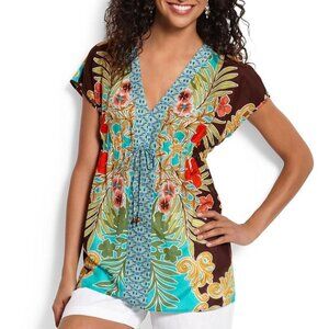 Tommy Bahama Womens Tropical Floral Print Tunic Top S/P Multicolor Short Sleeve